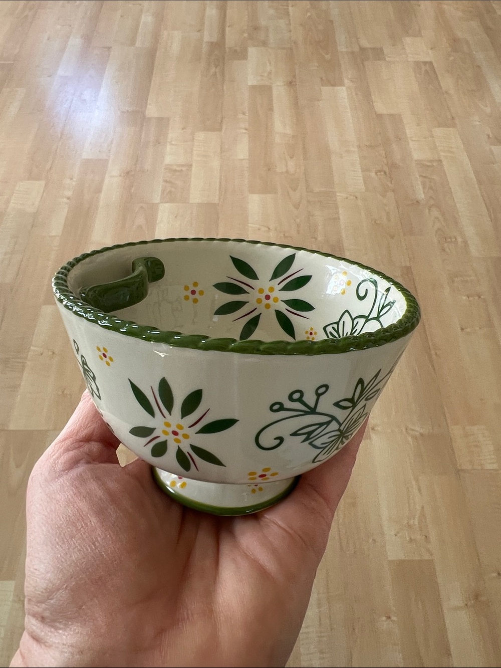 Hand-Painted Ceramic Yarn Bowl in Cream and Green